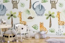 Children's wallpaper with stylized forest animals.