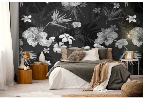 Wallpaper flowers black and white nature pattern.