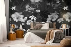Wallpaper flowers black and white nature pattern.