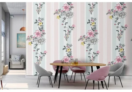 Wallpaper with stylized flowers and pink and blue stripes.