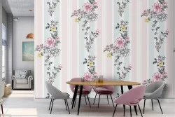 Carta da Parati fiori stilizzati con righe rosa e azzurro.