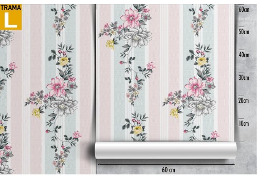Carta da Parati fiori stilizzati con righe rosa e azzurro. 2
