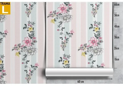 Carta da Parati fiori stilizzati con righe rosa e azzurro. 2