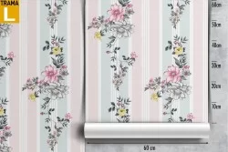 Carta da Parati fiori stilizzati con righe rosa e azzurro.
