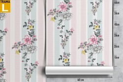 Wallpaper with stylized flowers and pink and blue stripes.