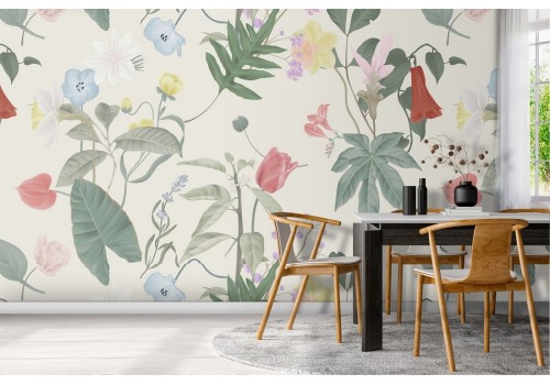 Refined nature pattern wallpaper with flowers and leaves.
