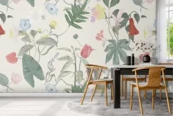 Refined nature pattern wallpaper with flowers and leaves.