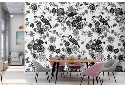 Wallpaper with tropical flowers and birds nature pattern.