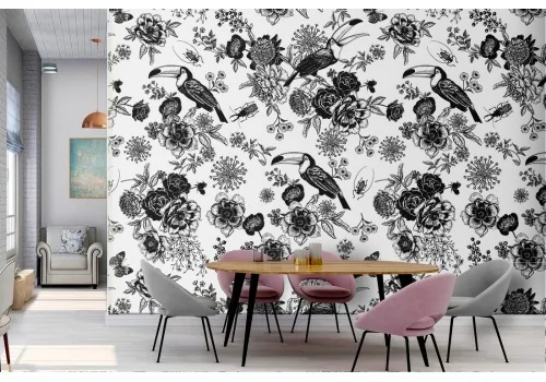 Wallpaper with tropical flowers and birds nature pattern.