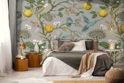 Carta da Parati fiori foglie e uccellini natura vintage.