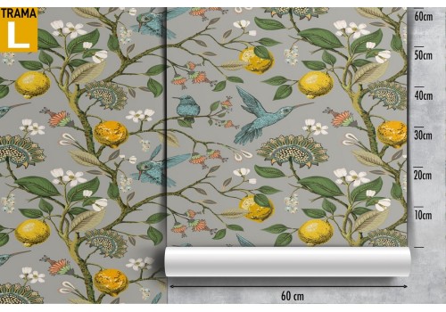 Vintage nature wallpaper with flowers, leaves, and little birds. 2