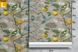 Carta da Parati fiori foglie e uccellini natura vintage.