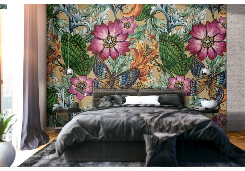 Abstract flowers and butterflies nature pattern wallpaper.