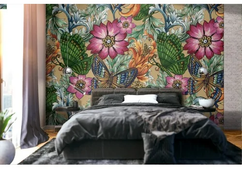 Carta da Parati fiori astratti e farfalle natura pattern.