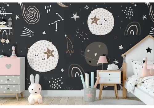 Carta da Parati lune e pianeti decorazione bambini.