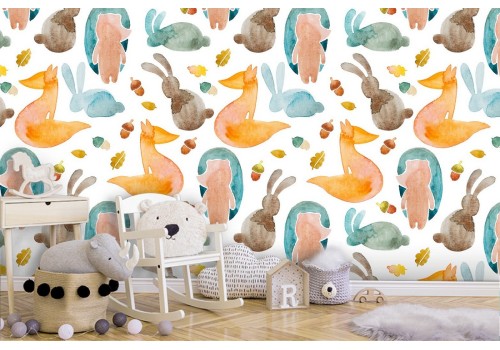 Stylized forest animals wallpaper children pattern.