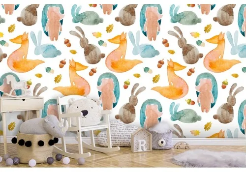 Wallpaper with stylized forest animals pattern for children.