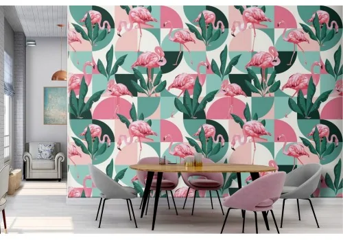 Flamingo and tropical leaves wallpaper with modern geometries.