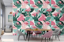 Flamingo and tropical leaves wallpaper with modern geometries.