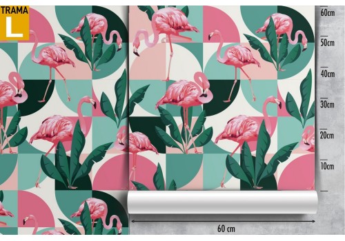 Flamingo and tropical leaves wallpaper with modern geometries. 2