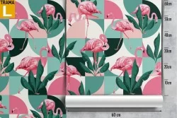 Carta da Parati fenicotteri e foglie tropicali con geometrie moderne.