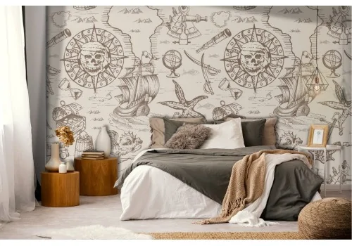 Pirate ships and skulls wallpaper decoration.