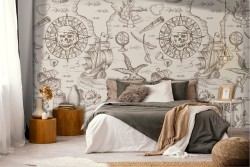 Pirate ships and skulls wallpaper decoration.