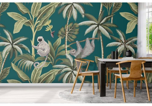 Tropical palm and monkey nature pattern wallpaper.