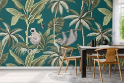 Tropical palm and monkey nature pattern wallpaper.