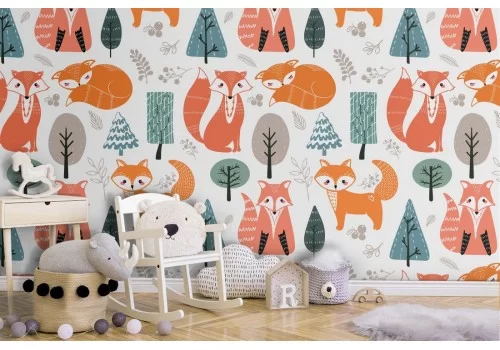 Carta da Parati volpi nel bosco animali bambini pattern.