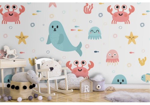 Wallpaper seals crabs sea animals pattern for children.