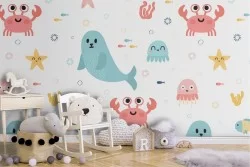 Wallpaper seals crabs sea animals pattern for children.