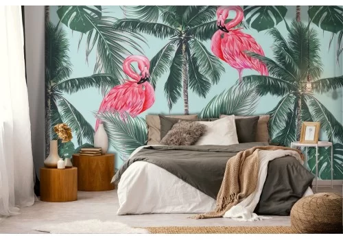 Carta da Parati palme tropicali e fenicotteri pattern.