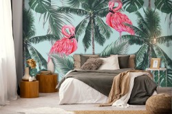 Tropical palm and flamingo pattern wallpaper.