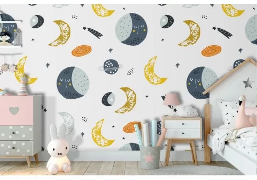 Carta da Parati luna e pianeti decorazione bambini.