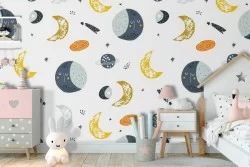 Carta da Parati luna e pianeti decorazione bambini.