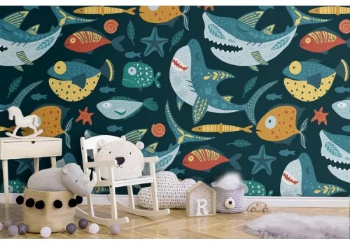 Carta da Parati pesci e squali animali bambini pattern.
