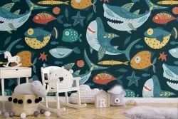Carta da Parati pesci e squali animali bambini pattern.