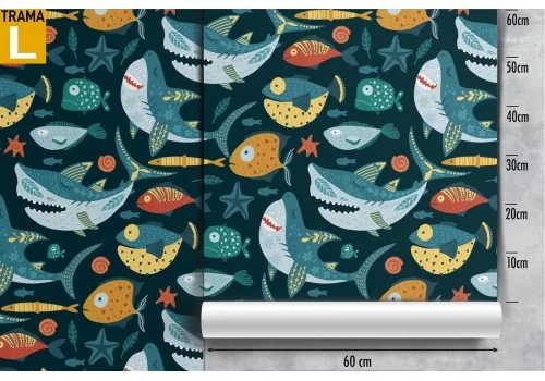 Carta da Parati pesci e squali animali bambini pattern. 2