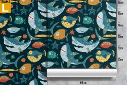 Carta da Parati pesci e squali animali bambini pattern.