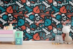 Carta da Parati decorazione skateboard bambini pattern.