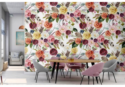 Wallpaper flowers nature composition 70s pattern.