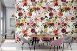 Carta da Parati fiori composizione natura anni '70 pattern.