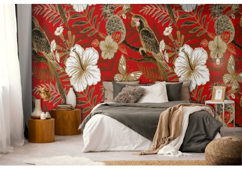 Wallpaper with flowers and parrots abstract nature pattern.