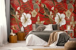 Wallpaper with flowers and parrots abstract nature pattern.