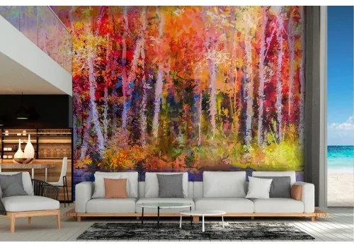 Wallpaper painted river with autumn forest