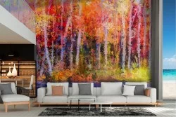 Wallpaper painted river with autumn forest