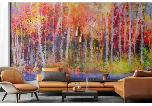 Carta da Parati dipinto fiume con bosco autunno 2