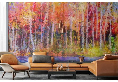 Wallpaper painted river with autumn forest 2