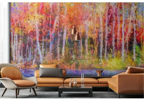Wallpaper painted river with autumn forest 2